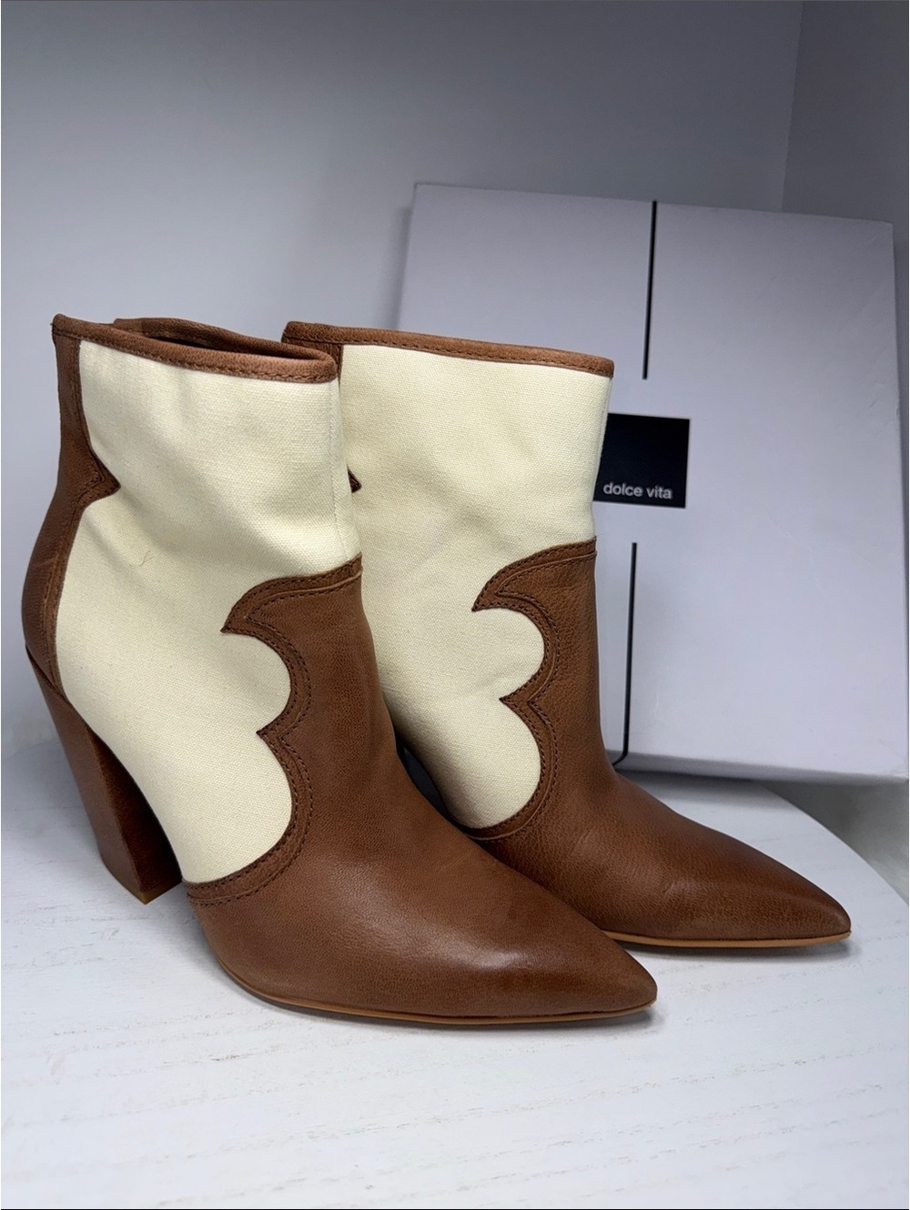 Dolce Vita Two-Tone Brown and Cream Leather Ankle Boots